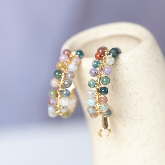 18K Gold Plated Boho Style Hoop Earrings 18K Colorful Natural Stone Hoops Gift - Picture 2 of 7
